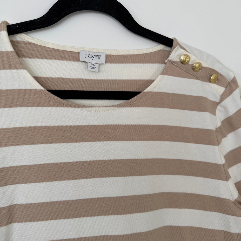 J.Crew‎ Womens XL Striped Short Sleeve Boatneck Top Gold Button Shoulder Beige - Picture 4 of 9